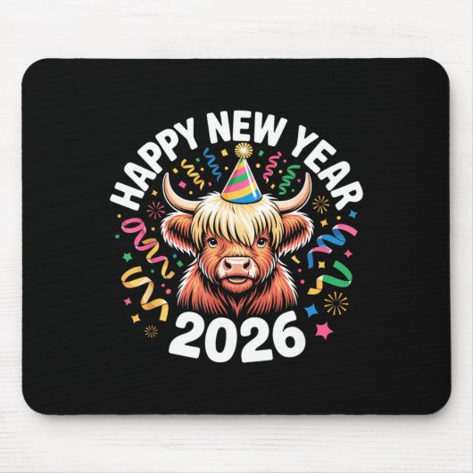 Happy New Year 2026 Highland Cow & Party Hat N Mousepad (Vorne)