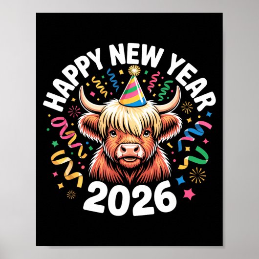 Happy New Year 2026 Highland Cow & Party Hat N Poster (Vorne)