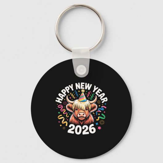 Happy New Year 2026 Highland Cow & Party Hat N Schlüsselanhänger (Vorderseite)