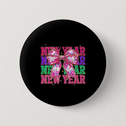 Happy New Year 2026 Nk Coquette Bow Disco Ball Cou Button (Vorderseite)
