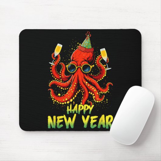 Happy New Year 2026 Octopus Drinking Champagne New Mousepad (Mit Mouse)