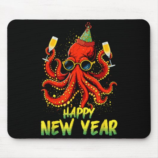 Happy New Year 2026 Octopus Drinking Champagne New Mousepad (Vorne)