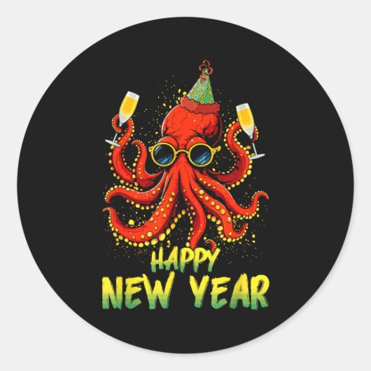Happy New Year 2026 Octopus Drinking Champagne New Runder Aufkleber (Vorderseite)