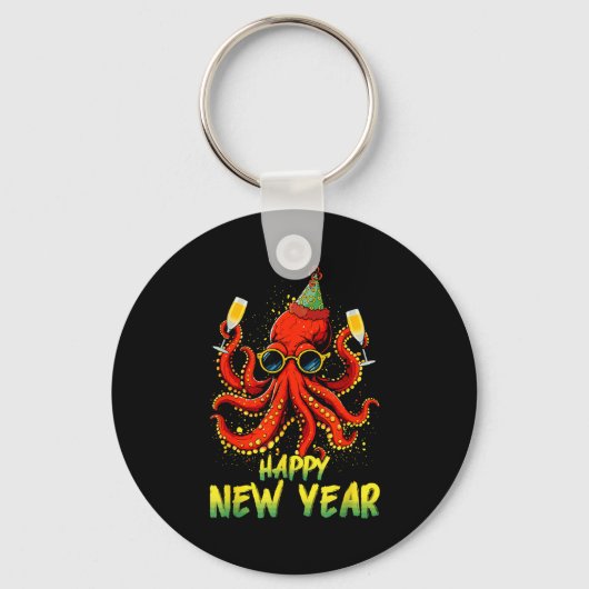 Happy New Year 2026 Octopus Drinking Champagne New Schlüsselanhänger (Vorderseite)