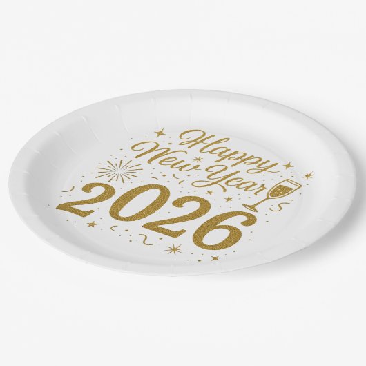 Happy New Year 2026 Party Tellers - Festspiele Tab Pappteller (Schrägansicht)