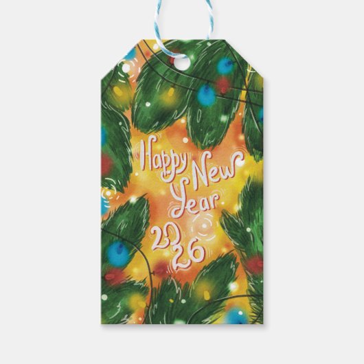 Happy New Year 2026 Pine Branches & Lights Geschenkanhänger (Vorderseite)