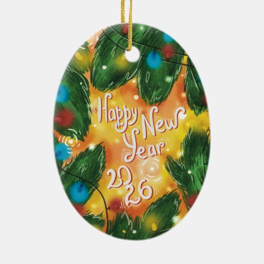 Happy New Year 2026 Pine Branches & Lights Keramik Ornament (Hinten)