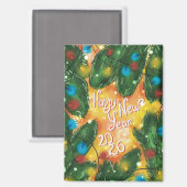 Happy New Year 2026 Pine Branches & Lights Magnet (Vorderseite/Rückseite)