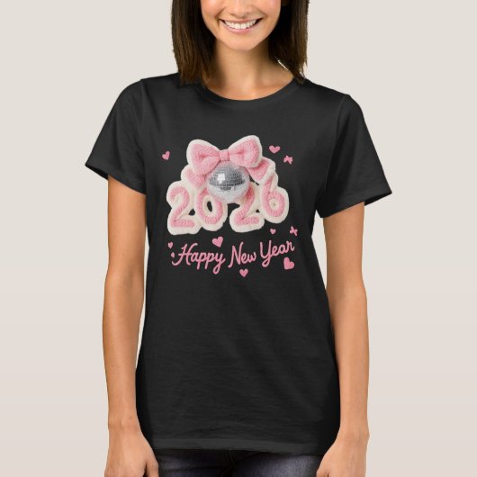 Happy New Year 2026 Pink Fuzzy Disco Ball Tee (Vorderseite)
