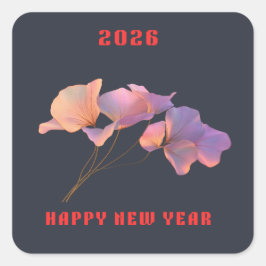 Happy New Year 2026 Pink Lotus Flower Illustration Quadratischer Aufkleber