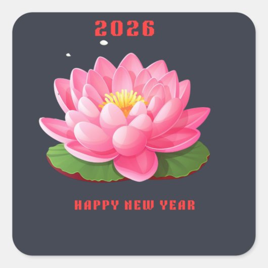 Happy New Year 2026 Pink Lotus Flower Illustration Quadratischer Aufkleber (Vorderseite)