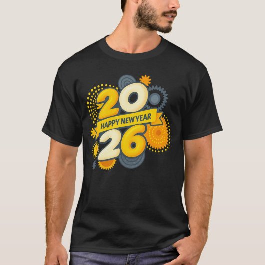 Happy New Year 2026 Retro Gear Burst Tee (Vorderseite)