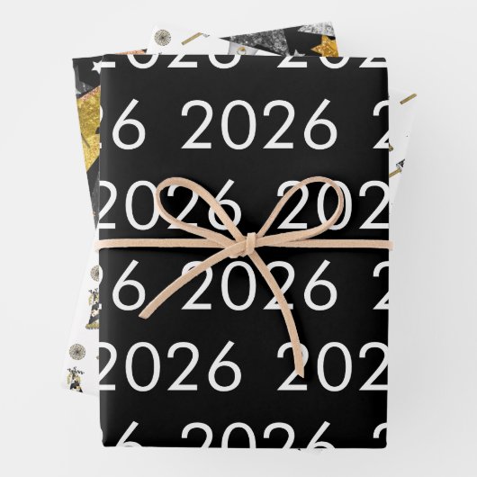 Happy New Year 2026 Schwarz-weiß Gold Confetti Geschenkpapier Set (Beispiel)