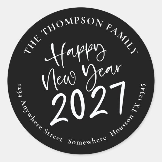 Happy New Year 2026 Script Rücksendeadresse Black Runder Aufkleber (Vorderseite)