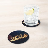 Happy New Year 2026 Sparkling Fireworks Runder Pappuntersetzer (Vor Ort)