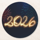Happy New Year 2026 Sparkling Fireworks Runder Pappuntersetzer (Vorderseite)