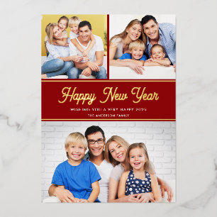 Happy New Year 3 Fotos Red Gold Foil Tour Card Folien Feiertagskarte