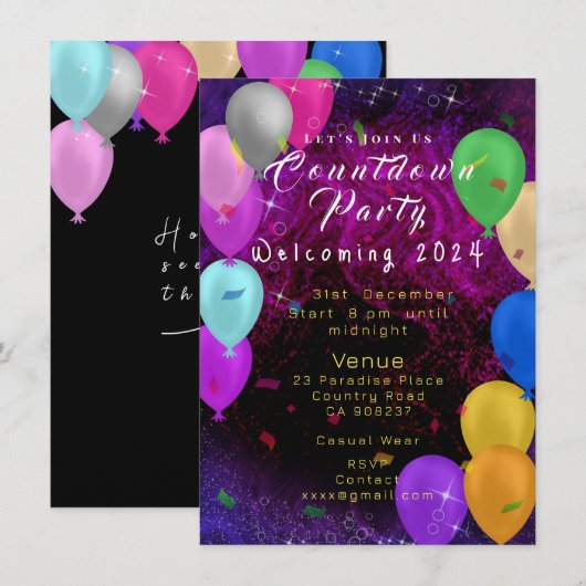 Happy New Year Balloon Einladung (Vorne/Hinten)