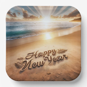 Happy New Year Beach Sunrise Pappteller
