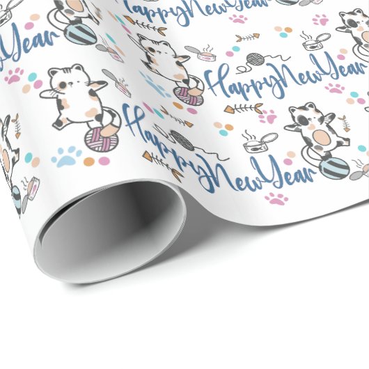 Happy New Year between Kittens Balanced on a Yarn Geschenkpapier (Rolleneckpunkt)