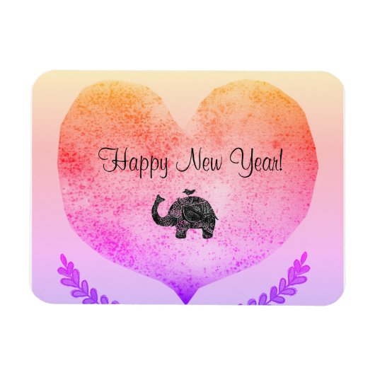 Happy New Year Big Heart & Elephant Doodle Magnet (Horizontal)