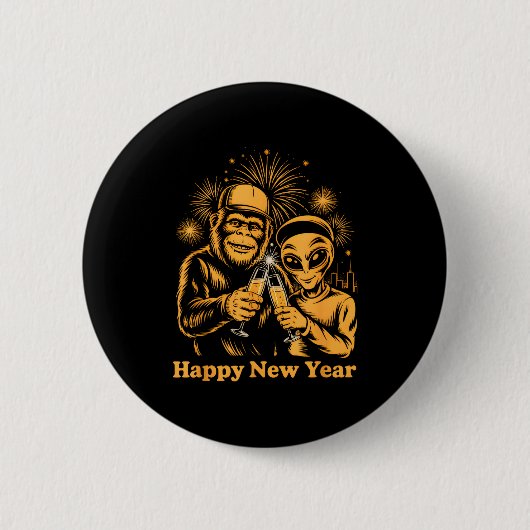 Happy New Year Bigfoot And Alien Sasquatch Firewor Button (Vorderseite)
