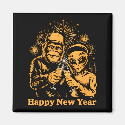 Happy New Year Bigfoot And Alien Sasquatch Firewor Magnet (Vorne)
