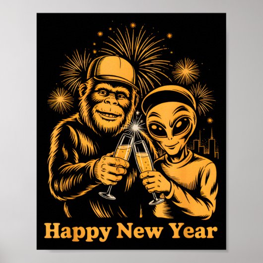 Happy New Year Bigfoot And Alien Sasquatch Firewor Poster (Vorne)