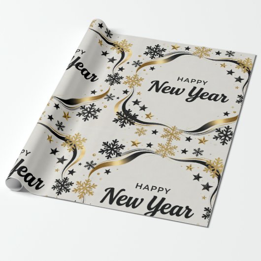 Happy New Year Black and Gold Snowflake  Geschenkpapier (Ungerollt)