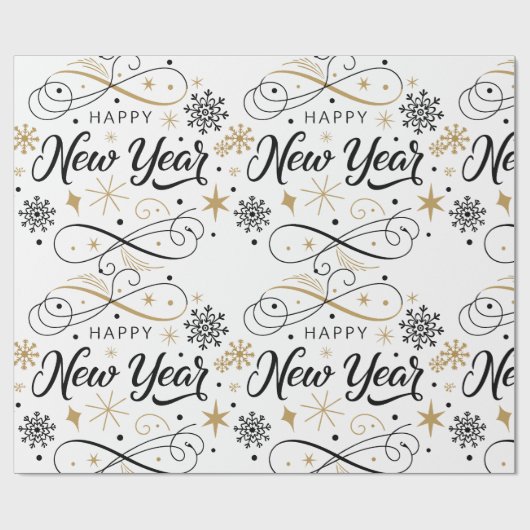 Happy New Year Black and Gold Snowflake Geschenkpapier (Flach)