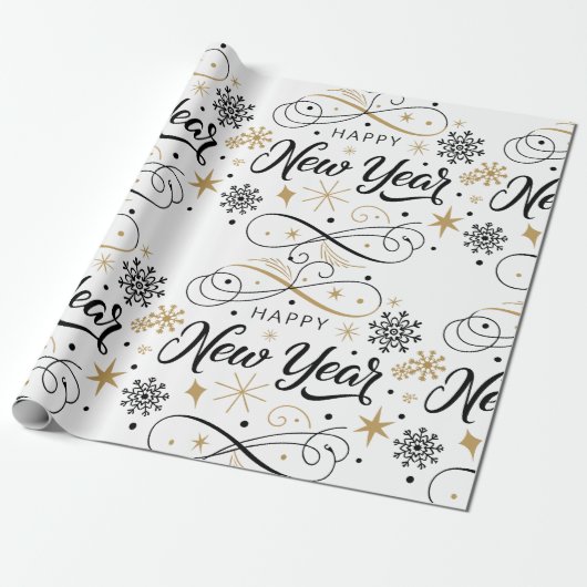 Happy New Year Black and Gold Snowflake Geschenkpapier (Ungerollt)