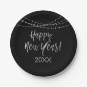 Happy New Year Black and Silver Foil String Lights Pappteller (Vorderseite)