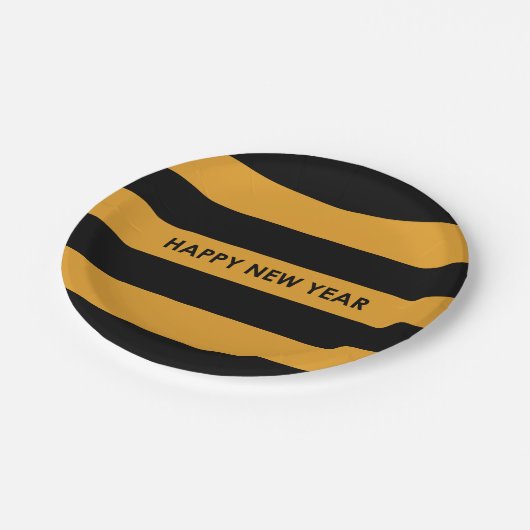 Happy New Year Black and Yellow Pappteller (Schrägansicht)