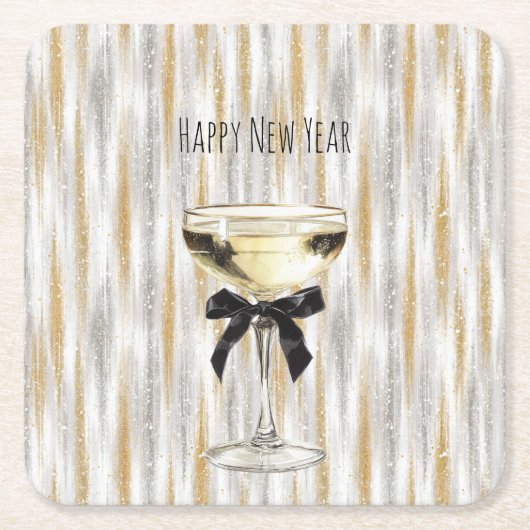 Happy New Year Black Bow Gold Silver Champagne Rechteckiger Pappuntersetzer (Vorderseite)