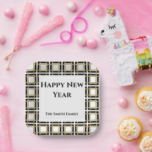 Happy New Year Black Gold Boxes Pappteller (Party)