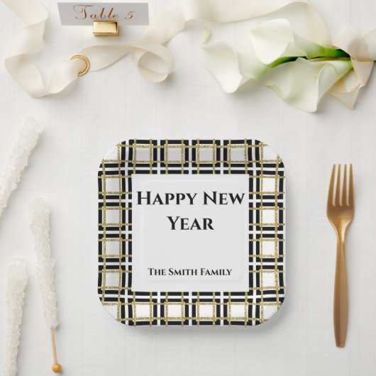 Happy New Year Black Gold Boxes Pappteller (Hochzeit)