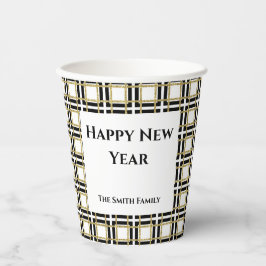 Happy New Year Black Gold Checkered BoxesPaper Cup Pappbecher