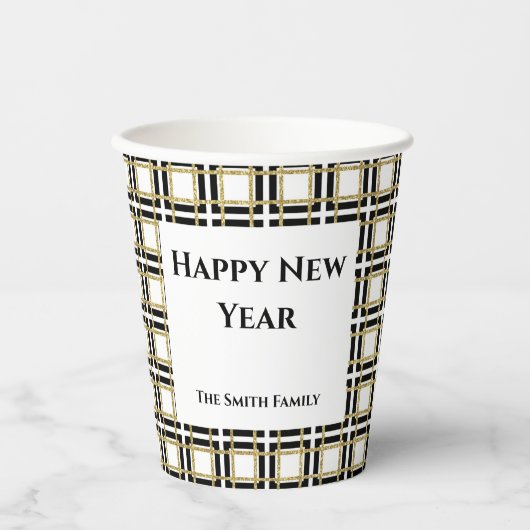 Happy New Year Black Gold Checkered BoxesPaper Cup Pappbecher (Vorderseite)