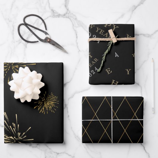 Happy New Year Black Gold Geschenkpapier Set (Vorderseite)