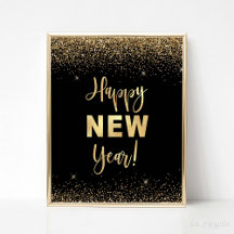 Happy New Year Black & Gold Glitzer Party Sign