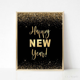 Happy New Year Black & Gold Glitzer Party Sign Poster