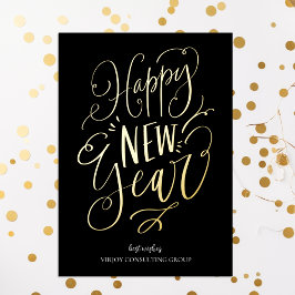 Happy New Year Black Gold Script Modernes Business Folien Feiertagskarte