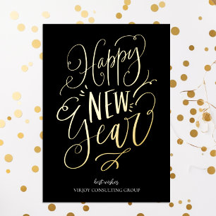 Happy New Year Black Gold Script Modernes Business Folien Feiertagskarte