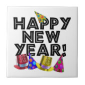 Happy New Year - Black Text with Party Hats Fliese (Vorderseite)