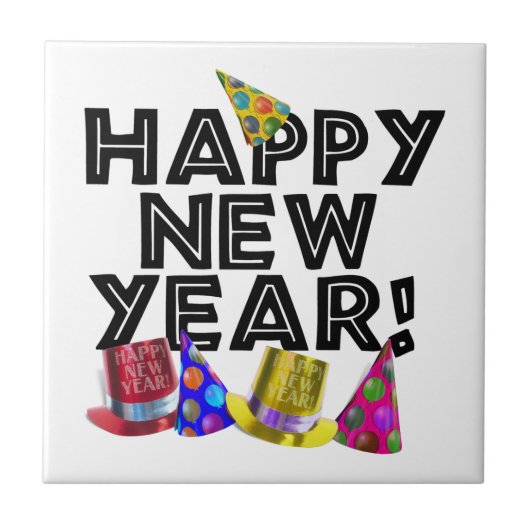 Happy New Year - Black Text with Party Hats Fliese (Vorderseite)