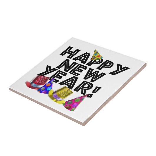 Happy New Year - Black Text with Party Hats Fliese (Seite)