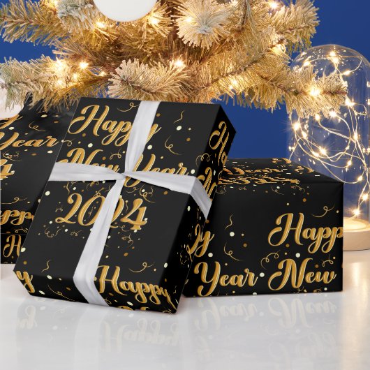 Happy New Year Black Wrapping Paper Geschenkpapier (Feiertage)