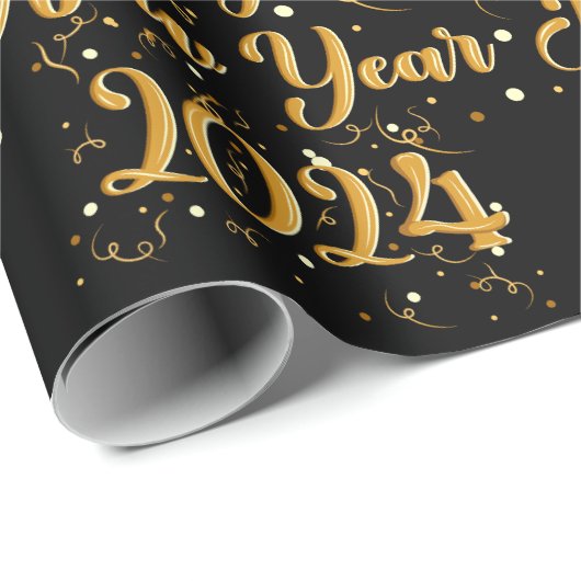 Happy New Year Black Wrapping Paper Geschenkpapier (Rolleneckpunkt)