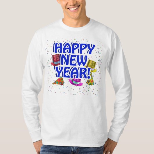 Happy New Year - Blauer Text mit Party Hats T-Shirt (Vorderseite)
