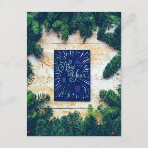Happy New Year Blue and Green Pine Postkarte